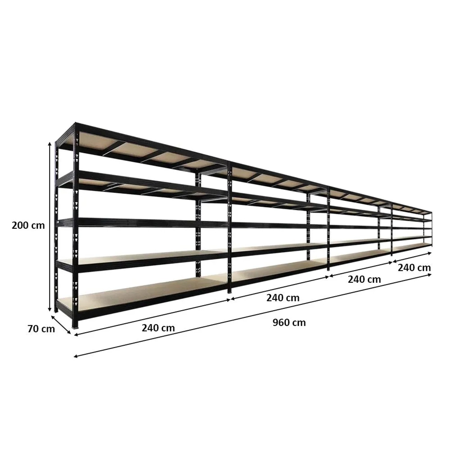 PROREGAL Mega Deal 4x Profi Schwerlastregal Rhino HxBxT 200x240x70cm 5 Spanplatten-Ebenen 8mm Fachlast 450kg Schwarz_3
