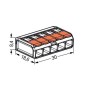 Wago Hebelklemme Compact 221-415, 5-polig, 10er-Pack, mit Abmessungsangaben.