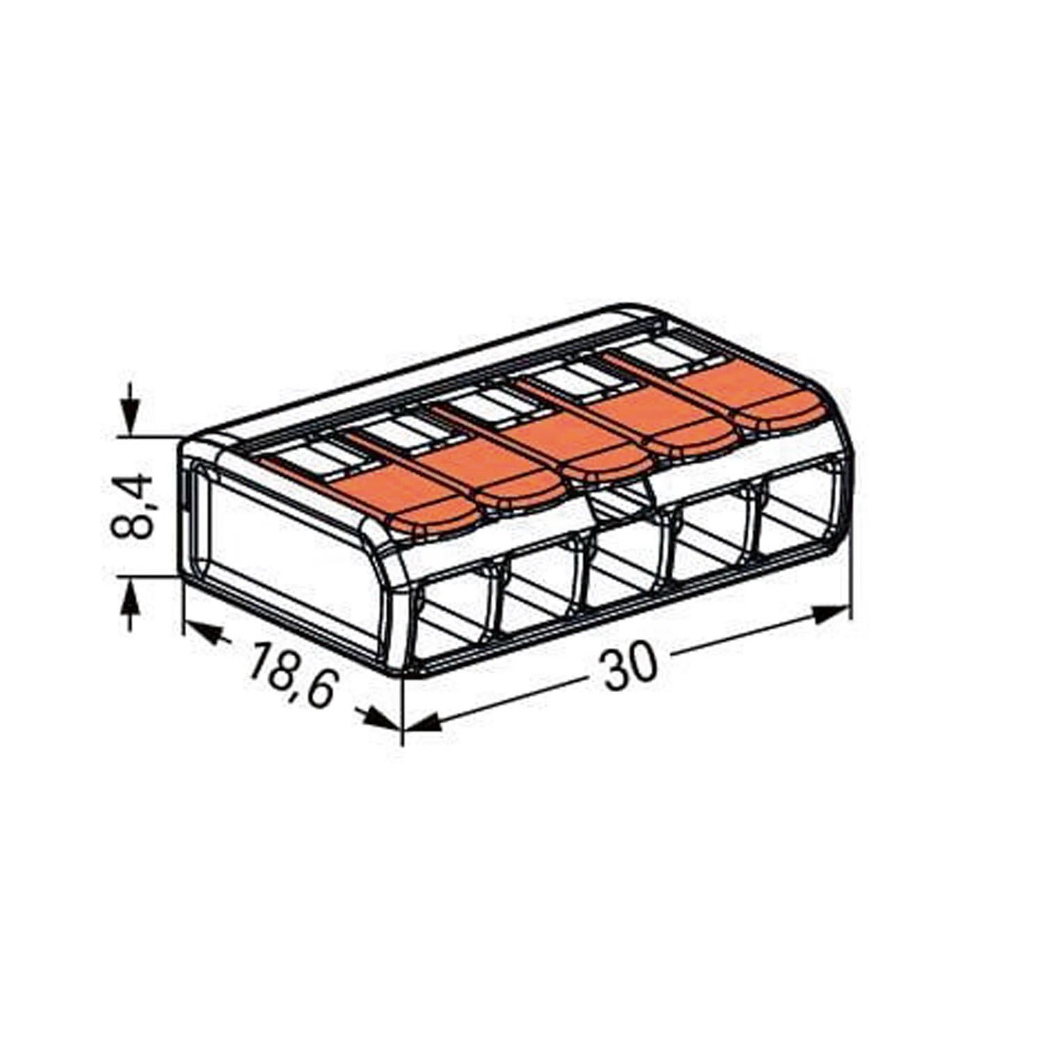 Wago Hebelklemme Compact 221-415, 5-polig, 10er-Pack, mit Abmessungsangaben.