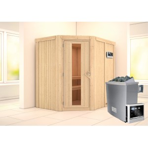Karibu Sauna-Set Cleo mit Ofen und Steuerung. Elementsauna aus Fichte mit Glastür und Saunaofen.