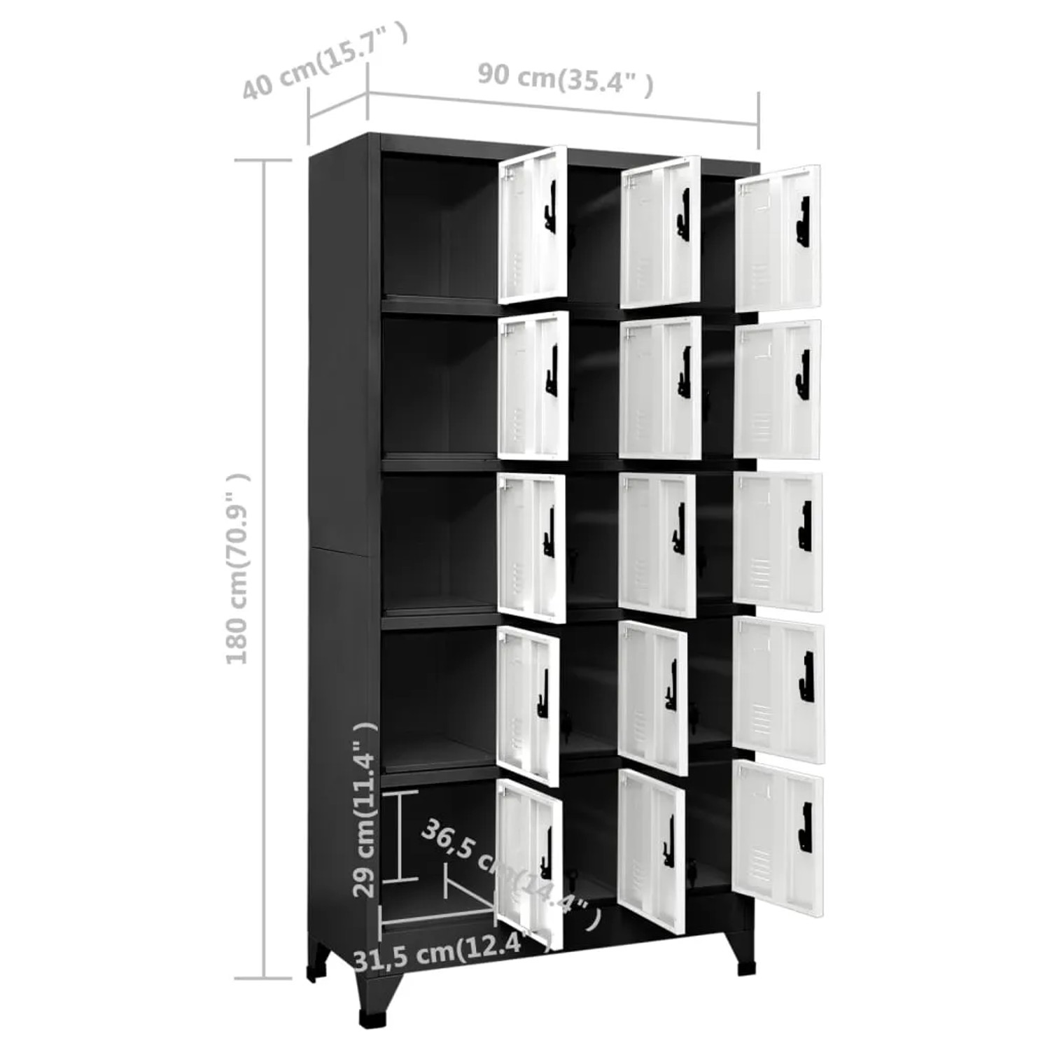 Anthrazit-weißer Schließfachschrank aus Stahl, 15 Fächer, ideal für Büro und Schule.