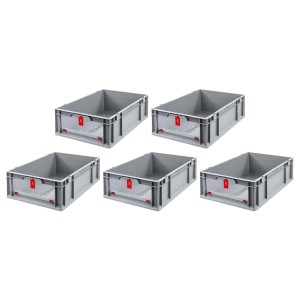 5er Set graue PROREGAL Euroboxen 40x60x17cm mit rotem Deckel, ideal zur Aufbewahrung und Transport.