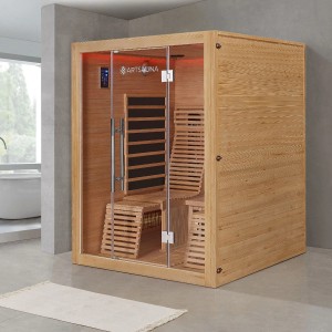 Artsauna Helsinki 150 Infrarotkabine aus Hemlockholz mit Glasfront, Liegen und Sitzbank.