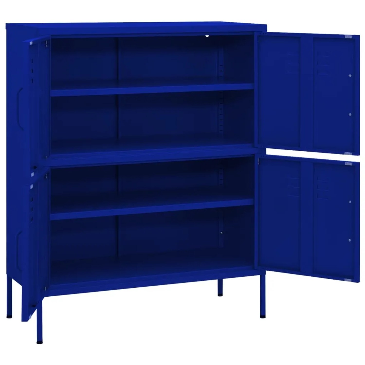 Marineblauer vidaXL Lagerschrank aus Stahl, 80x35x101,5 cm, mit offenen Türen und Regalböden.