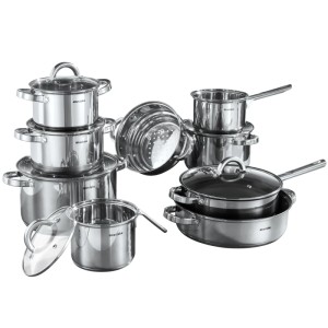 Tectake Kochtopfset Turin, 15-teilig aus Edelstahl mit Töpfen, Pfannen, Milch- und Dampfgartopf.