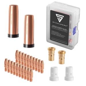 STAHLWERK MIG MAG Düsenset: 20 Stromdüsen 0,9 mm, Düsenreiniger und Zubehör für Löt- & Schweißgeräte.