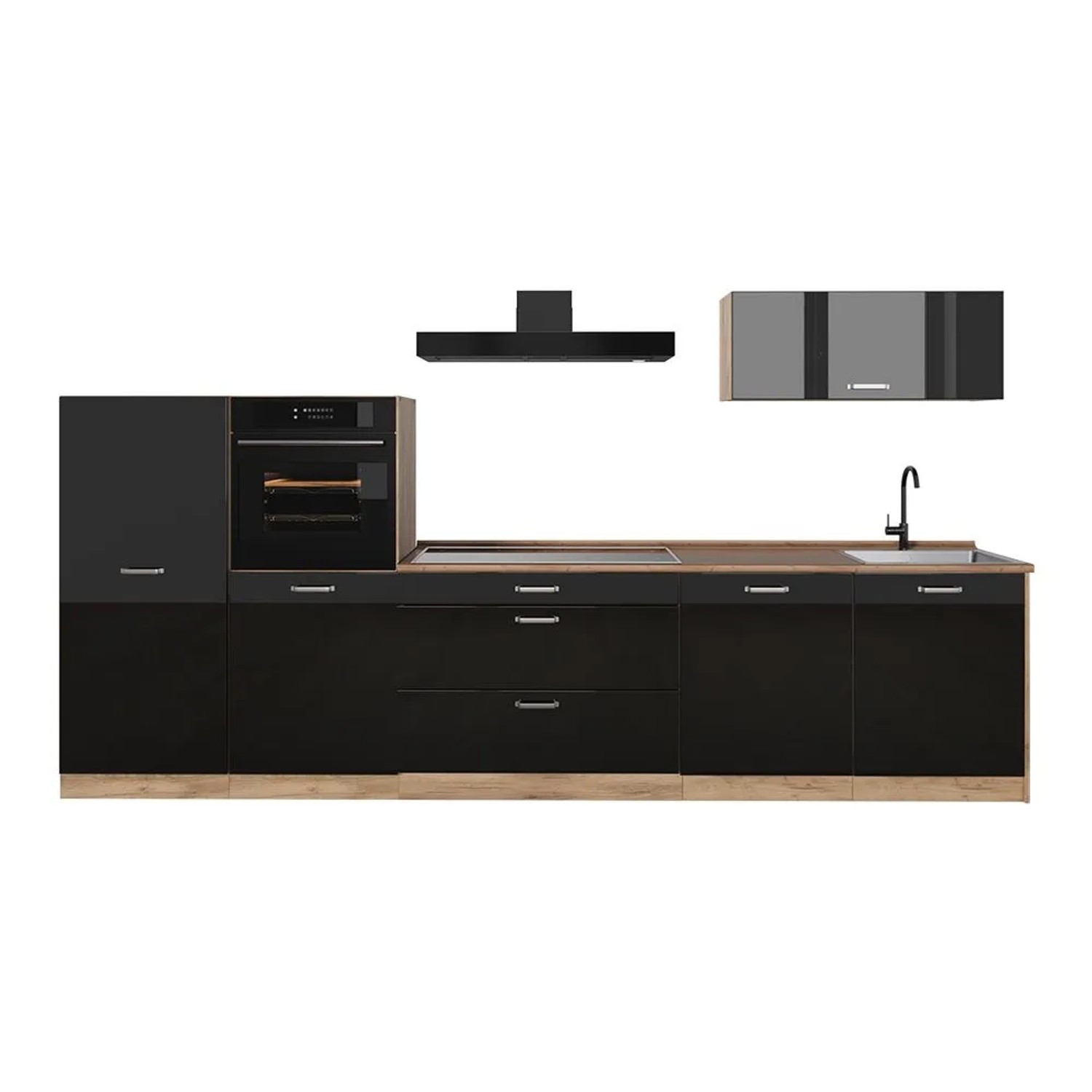 Vicco Küchenzeile R-Line Schwarz Hochglanz/Goldkraft Eiche 340 x 143 Arbeitsplatte Goldkraft Eiche Art Nr 66534