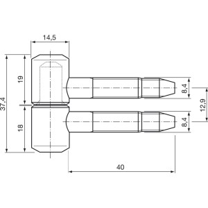 Technische Zeichnung Sfs Einbohrband Türband vermessingt, Zylinderkopf, 3-Stufengewinde. Maße: ø 14,5 mm, Höhe 37,4 mm.