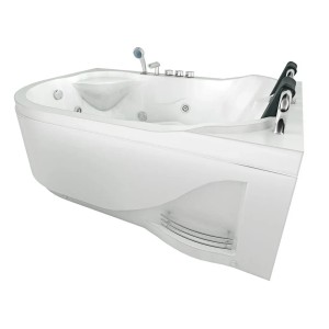 Weiße AcquaVapore Eck-Badewanne mit Whirlpool-Funktion, Armaturen und Handbrause.