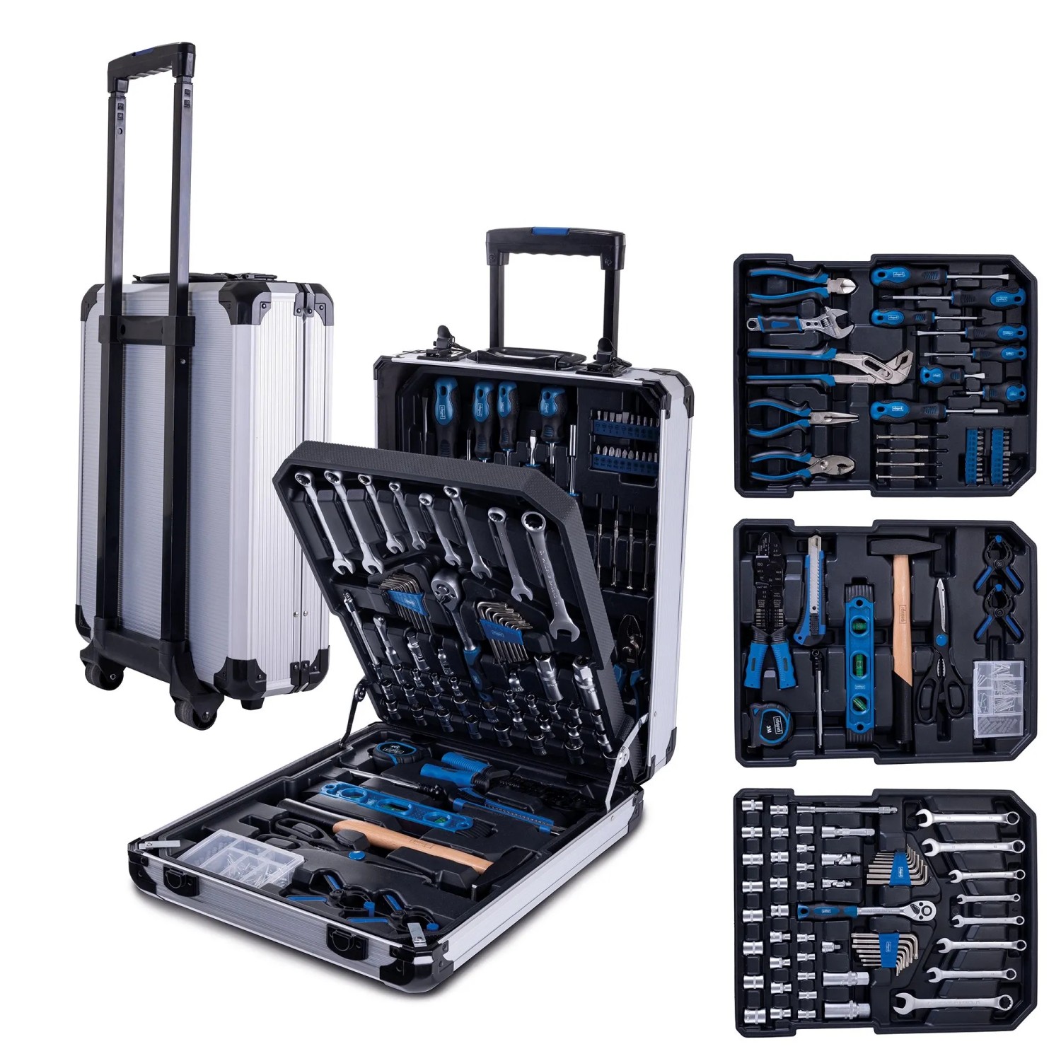 Scheppach Werkzeugkoffer WZT187, 187-teilig, aus Aluminium mit Trolleyfunktion. Umfangreiches Werkzeug-Set für Haushalt & Werkstatt.