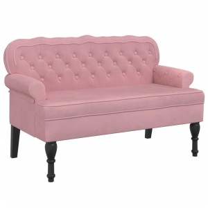 Rosa Samt-Sitzbank mit geschwungener Rückenlehne, Knopfheftung und schwarzen Holzbeinen. Elegante Garderobenbank.