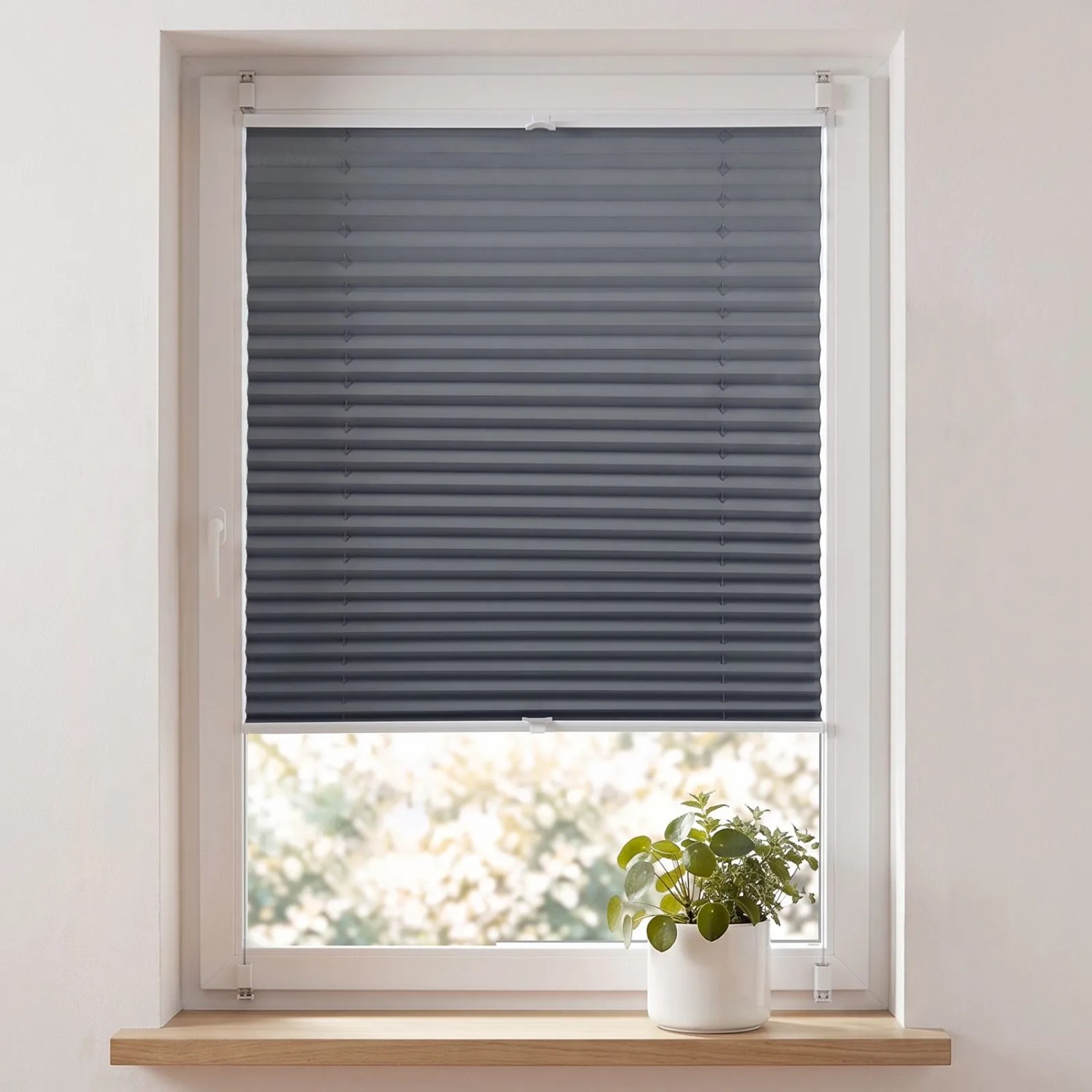 Sekey Verdunkelungsplissee ohne Bohren aus Glattgewebe Vormontiert Klemmfix Dunkelgrau 80x120cm