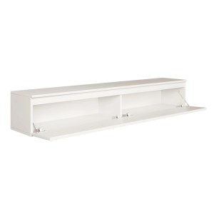 Weißes Selsey TV-Hängeboard Bemmi, 175 cm breit, mit zwei geöffneten Klappenfächern für Wandmontage. Moderner TV-Schrank.