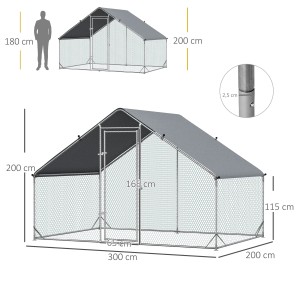 Silberner PawHut Hühnerstall aus Stahl und Kunststoff, 300x200x200 cm, mit wetterfestem Dach.