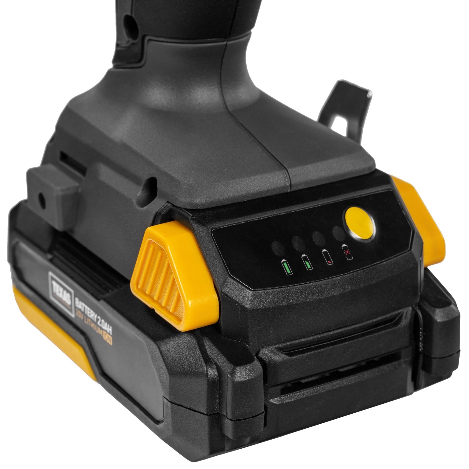 Detailaufnahme der Texas 20V Schlagbohrmaschine IDX2000 mit Akku.