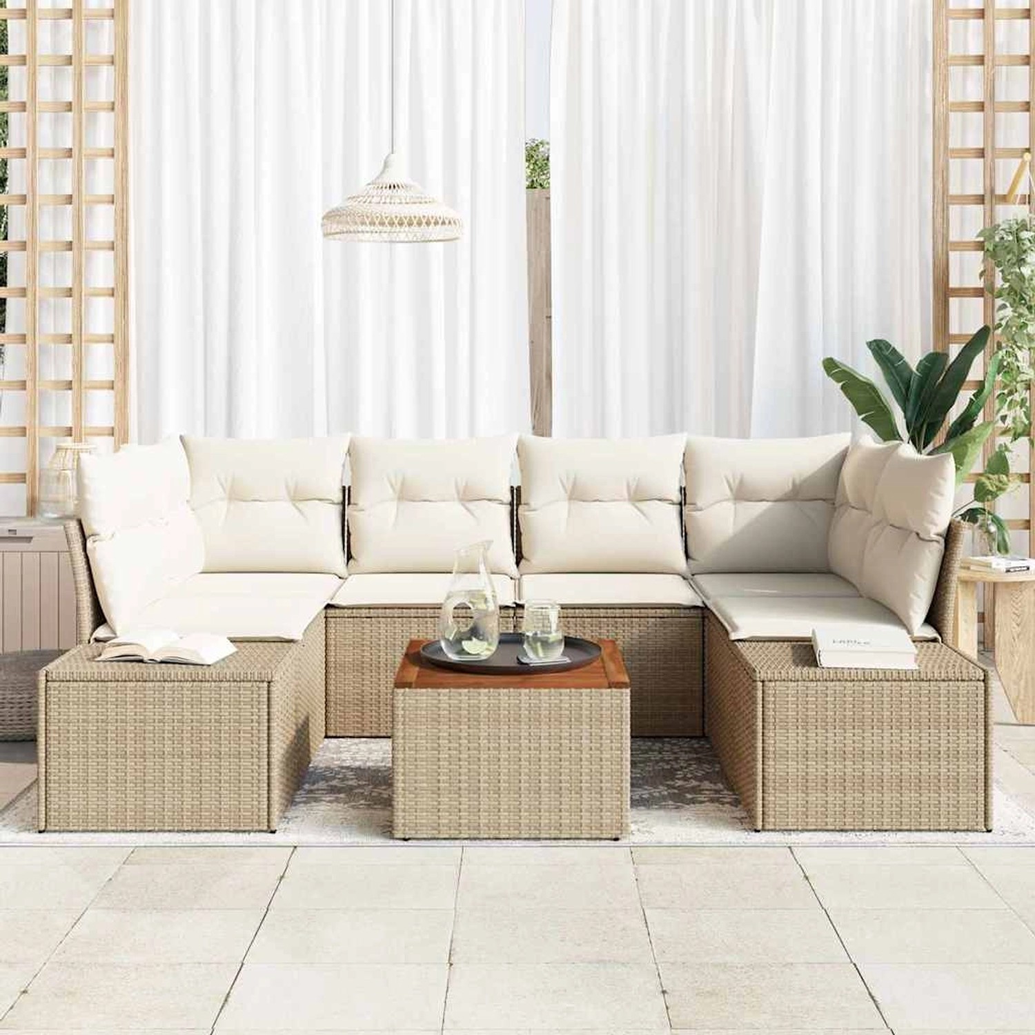 vidaXL Garten-Sofa-Set mit Kissen 7-Tlg Beige Poly Rattan 3347911 günstig online kaufen