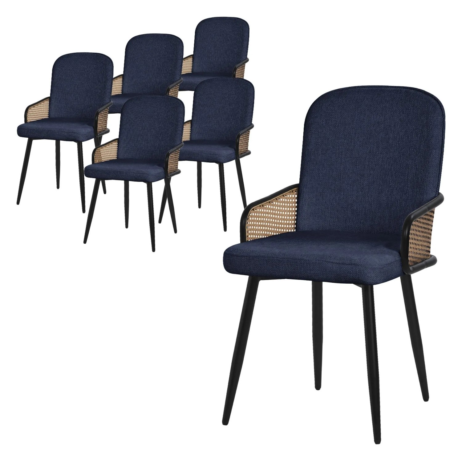 ML-Design Esszimmerstühle 6Er Set Dunkelblau mit Stoffbezug Rattan