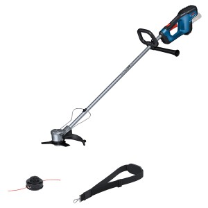 Bosch Professional Akku-Freischneider GFR 18V-23 Solo mit Zubehör wie Tragegurt und Spule.
