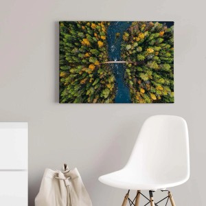 Bricoflor Leinwandbild: Wald mit Fluss in Finnland aus der Vogelperspektive. Grün- und Brauntöne.