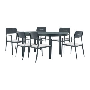 Anthrazitgraue Gartenessgruppe Lottys aus Aluminium mit ausziehbarem Tisch und 6 Sesseln mit weißen Kissen.