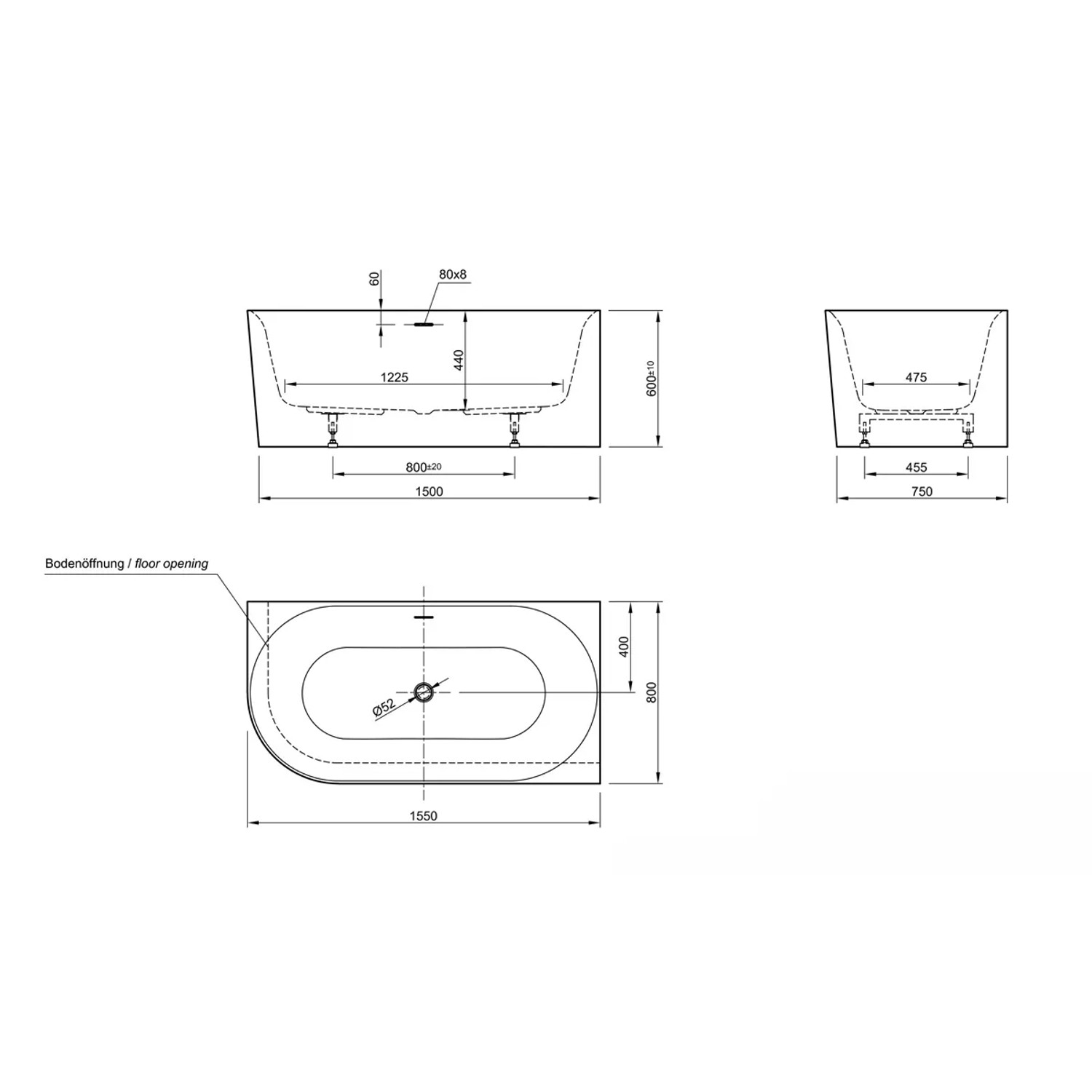 Technische Zeichnung der weißen Ottofond Mince Corner XS Eckbadewanne, linke Ausführung, 155x80 cm.