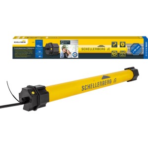 Schellenberg Funk-Rolladenmotor Maxi Premium 40 Nm, gelber Rohrmotor mit schwarzem Kabel und Verpackung.