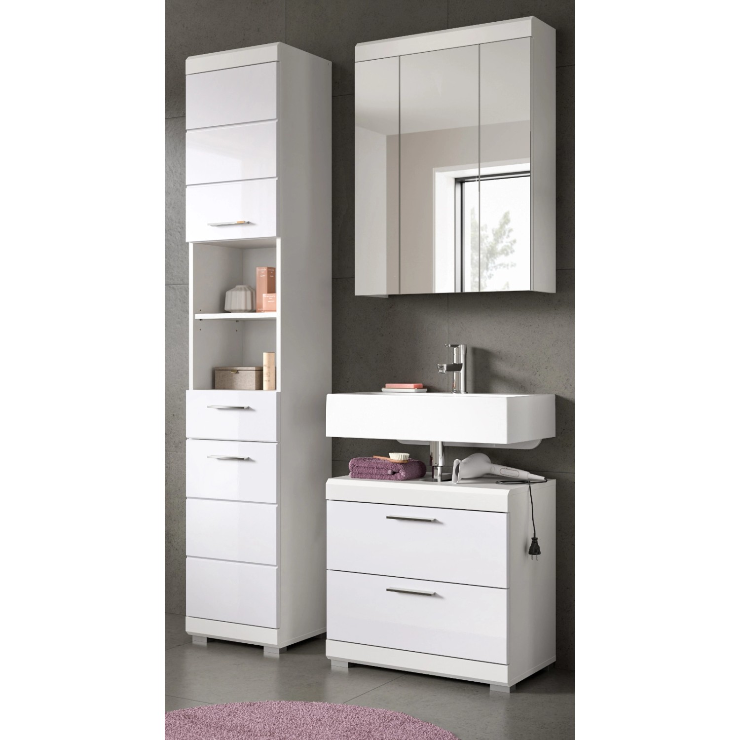 Inn.Furn Badmöbel Set in Weiß Hochglanz 3-teilig 112 cm Shawn günstig online kaufen