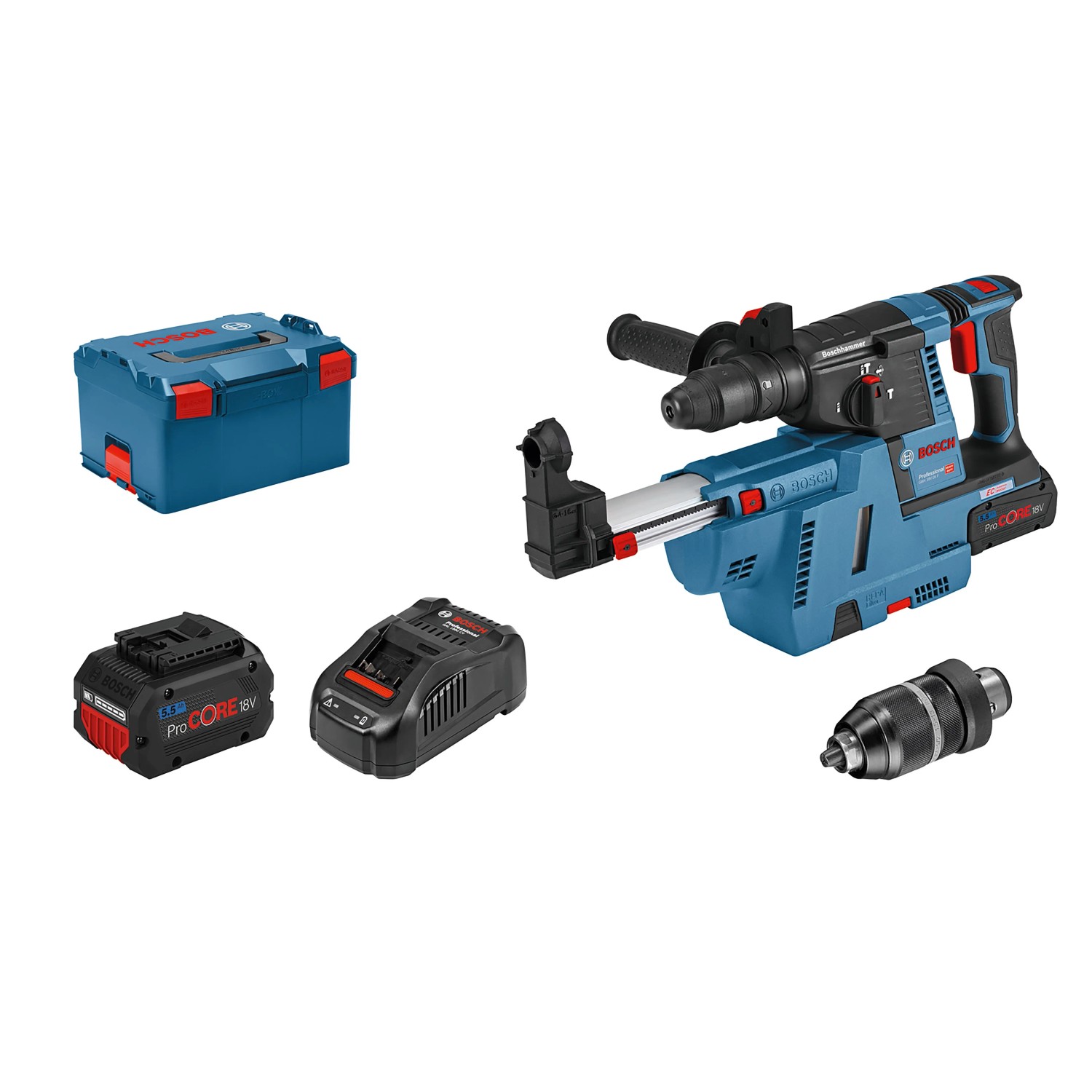 Bosch Professional Akku-Bohrhammer GBH 18V-26 Set mit 2 Akkus, Ladegerät, Bohrfutter und L-Boxx.
