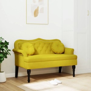 Elegante gelbe Samt-Sitzbank mit Knopfheftung, geschwungener Rückenlehne und zwei Kissen. Perfekt als Garderobenbank.