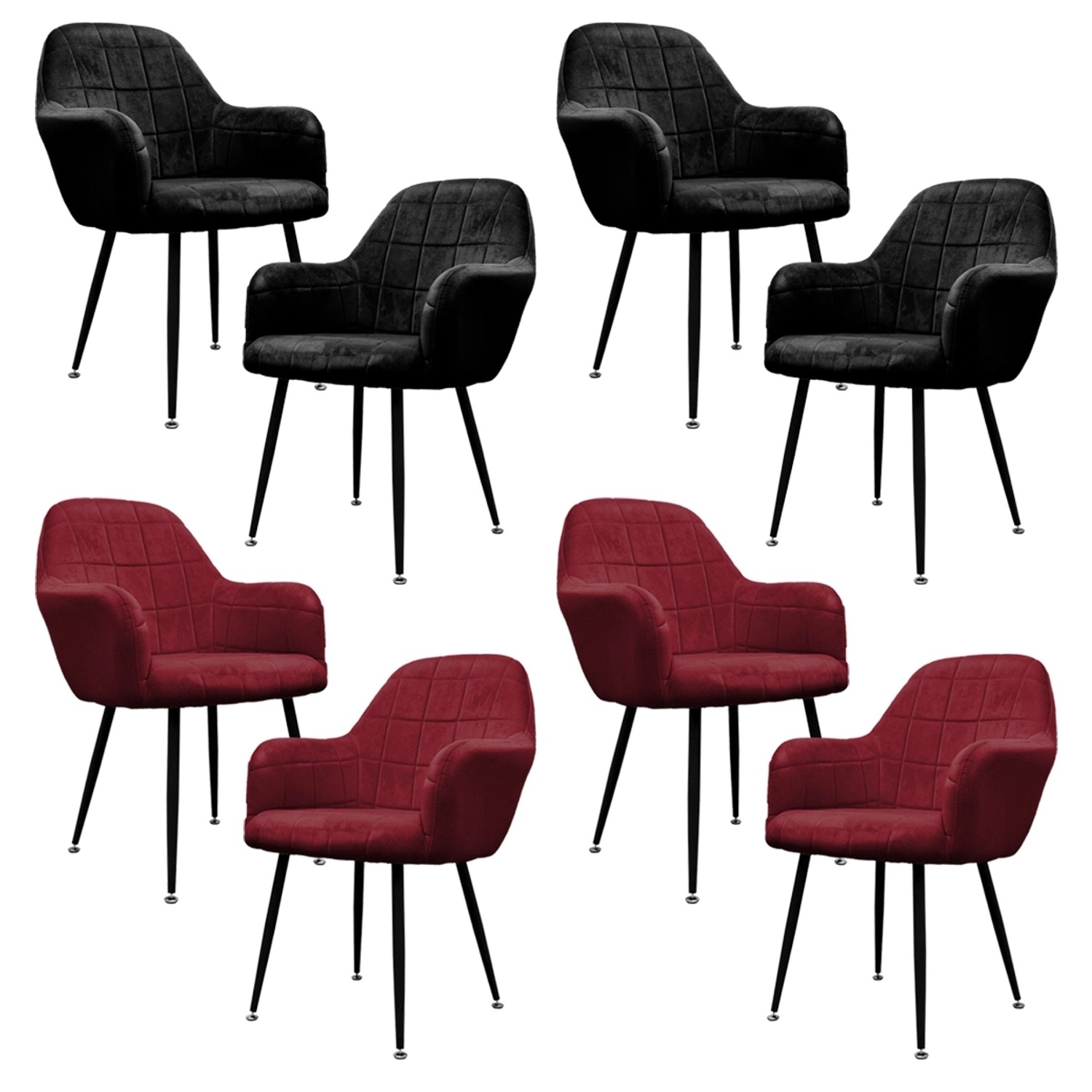 ECD Germany 8Er Set Esszimmerstühle Schwarz-Bordeaux Samtbezug Metall