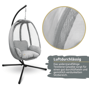 Grauer deluxe4home Hängesessel mit Gestell und Kuscheldecke für Indoor & Outdoor.