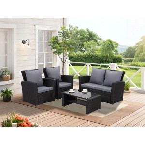 Schwarzes MeXo Polyrattan Balkonmöbel Set für 4 Personen mit Tisch und grauen Kissen.