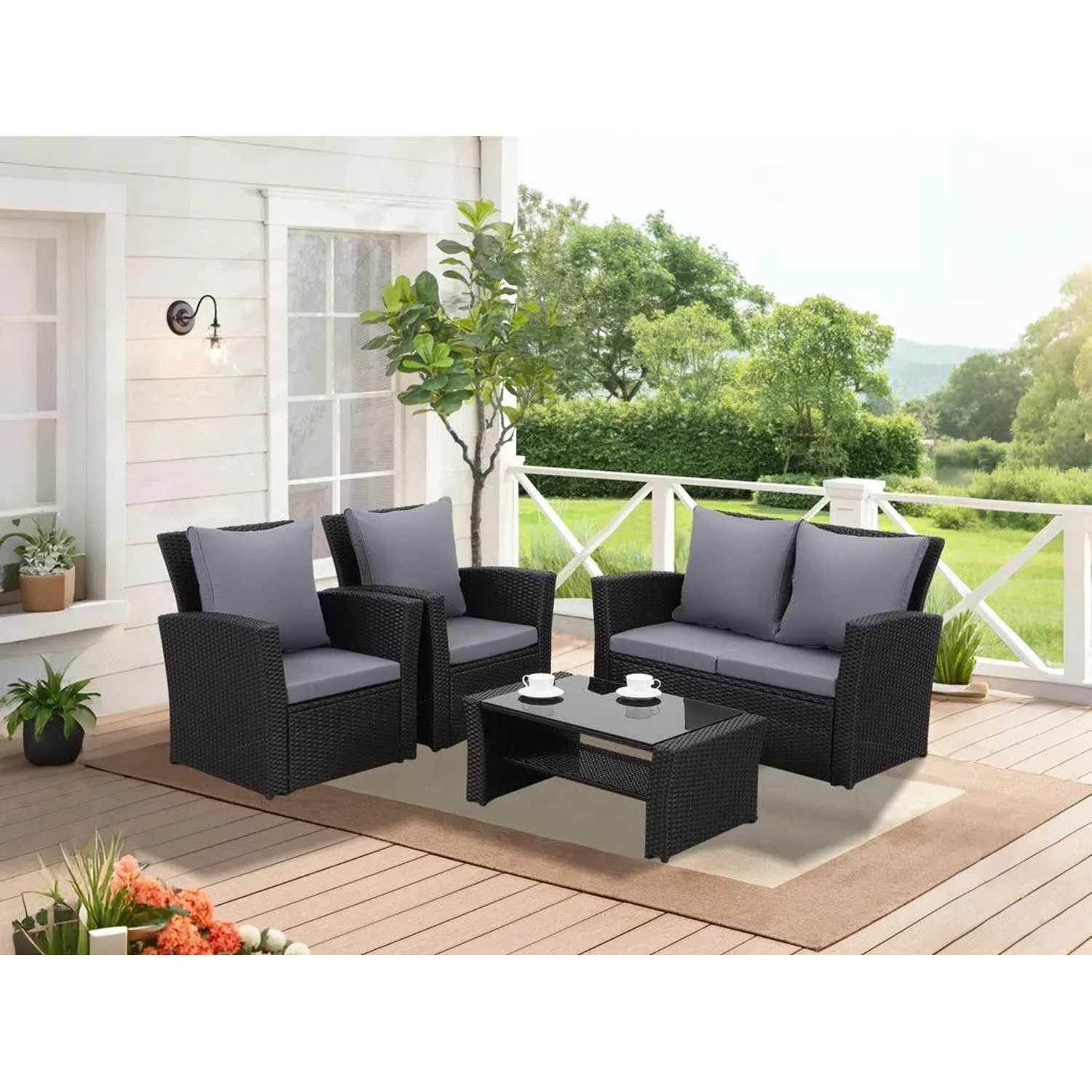 MeXo Balkon Lounge Set Polyrattan 4 Personen Schwarz kaufen bei OBI