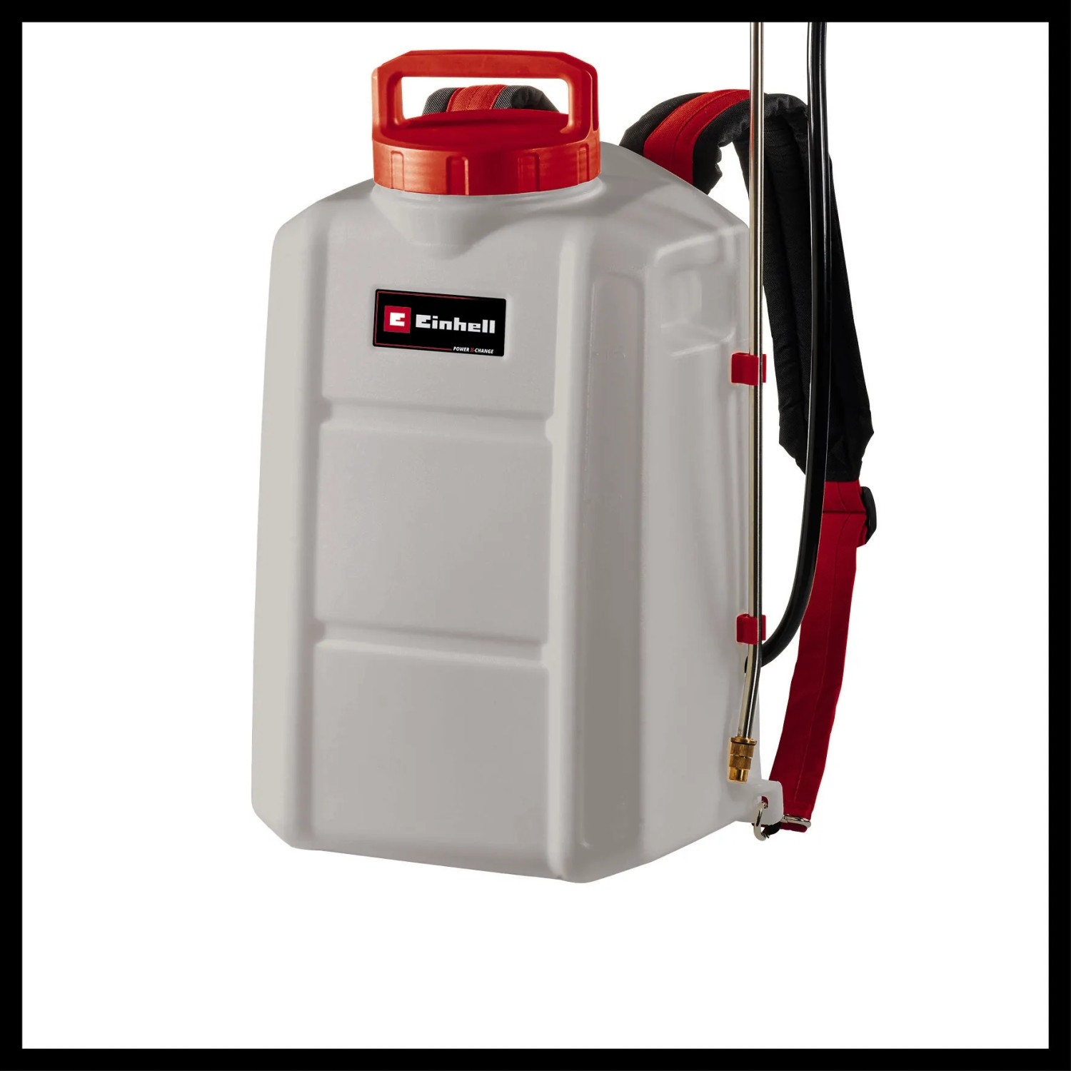 Einhell Akku-Drucksprühgerät GE-WS 18/150 Li-Solo: Weißer Tank mit rotem Deckel und Tragegurten.
