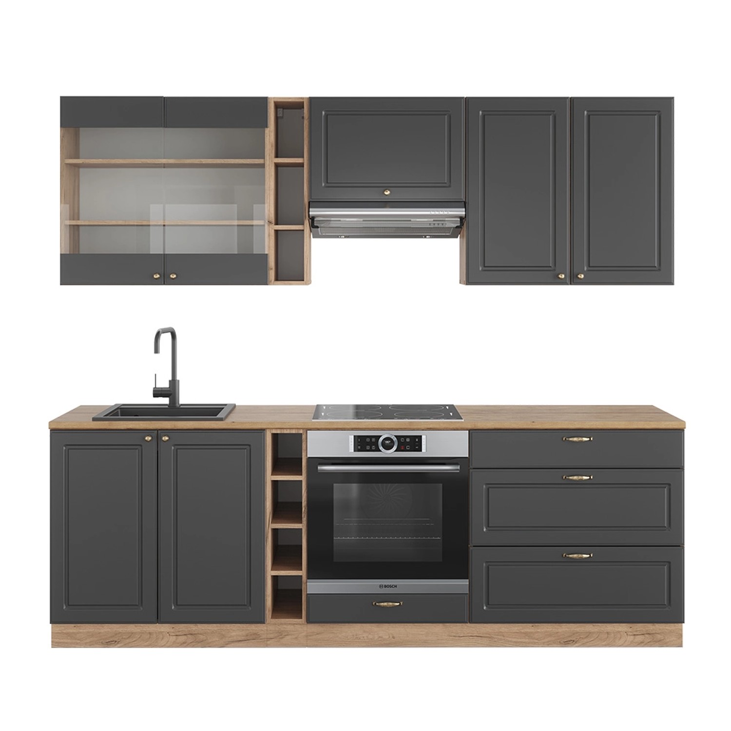 Vicco Fame-Line Küchenzeile Anthrazit Landhaus/Goldkraft Eiche 235 cm AP Ei günstig online kaufen