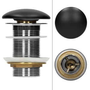 ML-Design Ablaufgarnitur für Waschbecken, schwarz, mit Pop-Up-Ventil und Edelstahl-Elementen.