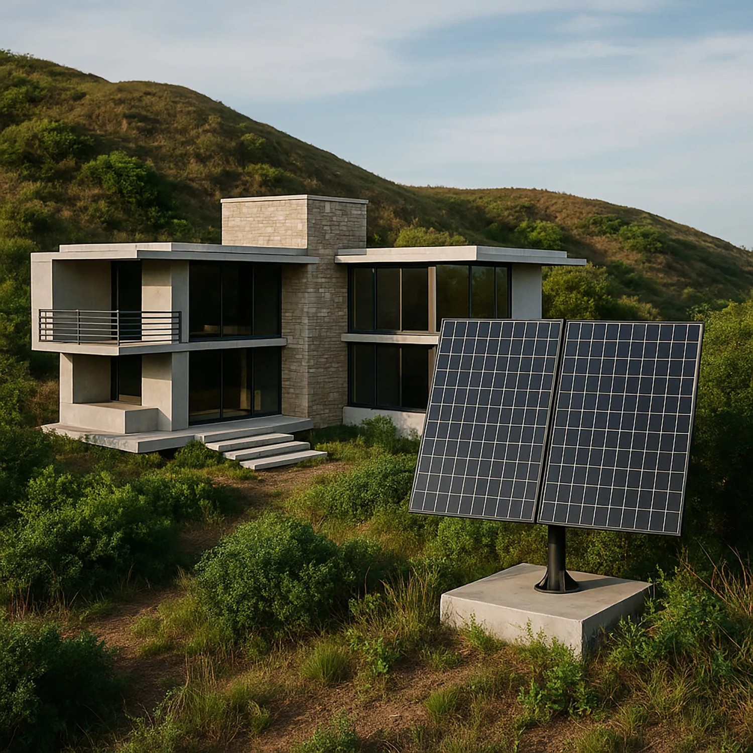 Schwarzer Hepa Solar PV-Tracker Koloss vor modernem Haus. Solaranlage zur Energiegewinnung.