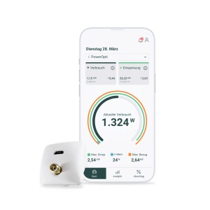 poweropti Stromzählerauslesegerät mit App-Ansicht auf Smartphone. Smart Home Energiemanagement.