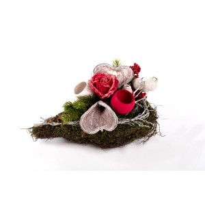 Urnengesteck Herz mit Rose, Naturmaterialien, 40 cm. Grabgesteck mit Rose und Herz-Elementen.