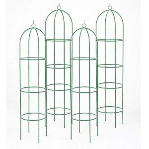Vier grüne Metall-Obelisken als Rankhilfe für Rosen und Clematis, 195 cm hoch, 4er Set Rankgitter.