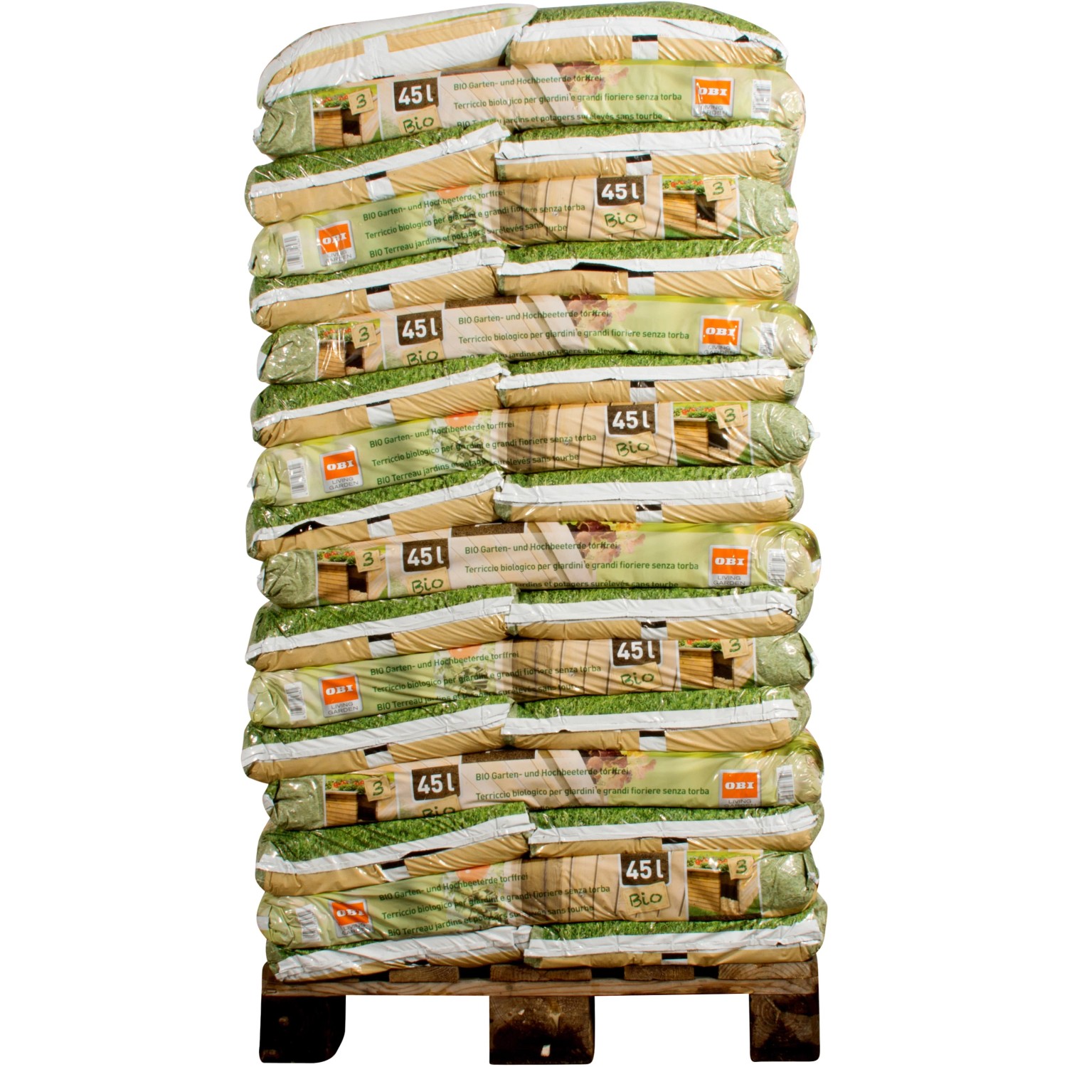 Palette OBI Bio Garten- und Hochbeeterde, 51 Säcke à 45 l, torffrei für Hochbeet und Garten.