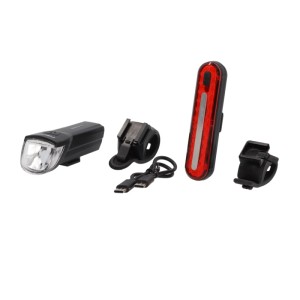 FISCHER Akku Beleuchtungs-Set STOP 30/15 Lux, 5-teilig, für Fahrräder: Frontlicht, Rücklicht mit Bremslicht, USB-Kabel, Halterungen.