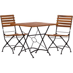 Acamp Gartenmöbel-Set Lindau: Klapptisch (80x80 cm) und 2 Klappstühle aus Teakholz mit schwarzem Gestell.