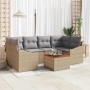Beiges 7-teiliges vidaXL Garten-Sofa-Set aus Polyrattan mit grauen Kissen und Akazientisch.