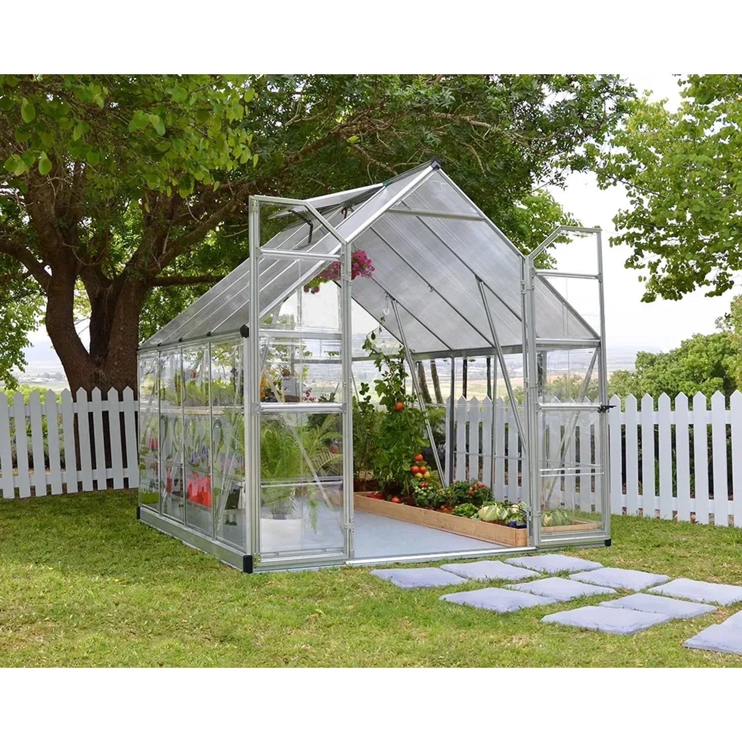 Palram Canopia Balance Gewächshaus 8x8 Silber mit klaren Seitenwänden im Garten.