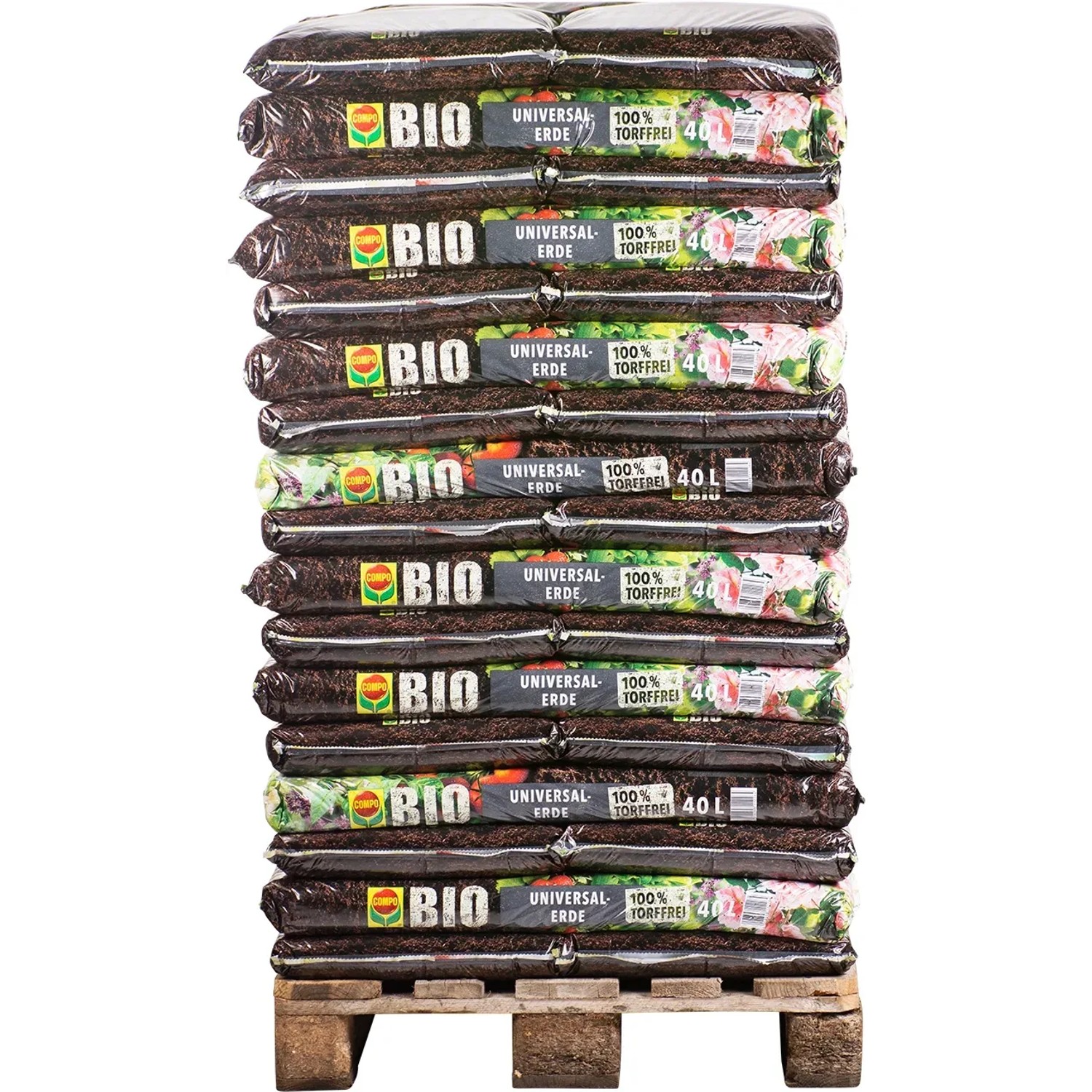 Palette Compo Bio Universal-Erde, torffrei, 51 Säcke à 40 l, für Garten, Gemüse- und Zierpflanzen.