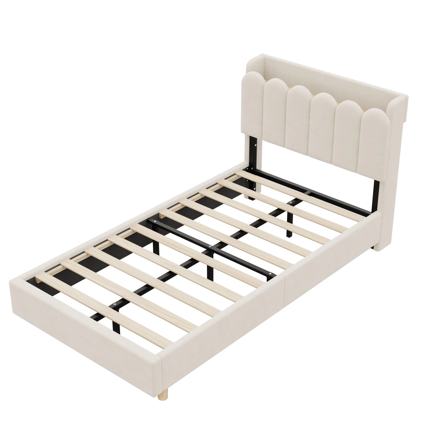 Merax Kinder Polsterbett 90 x 200 cm mit USB Type C Leselampe Samt Beige