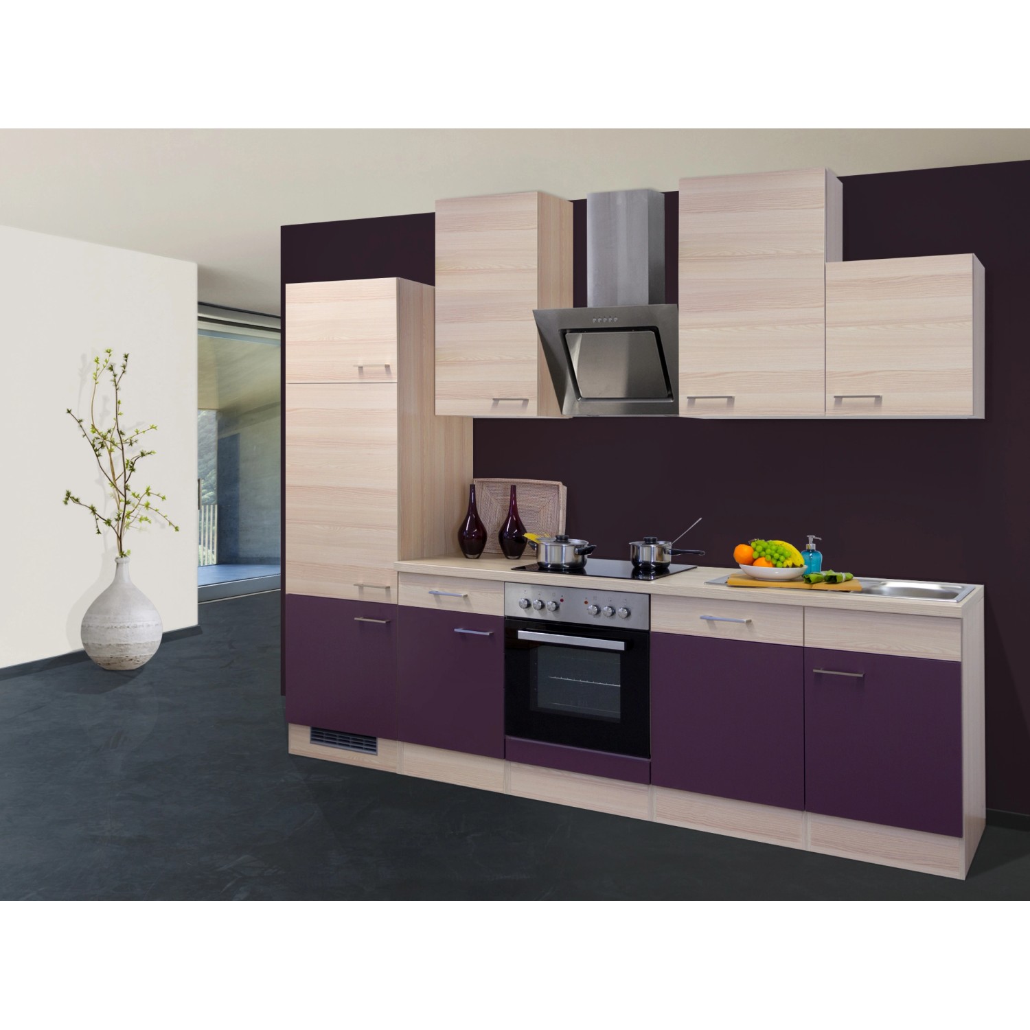 Flex-Well Exclusiv Küchenzeile Focus 280 cm Akazie-Aubergine günstig online kaufen