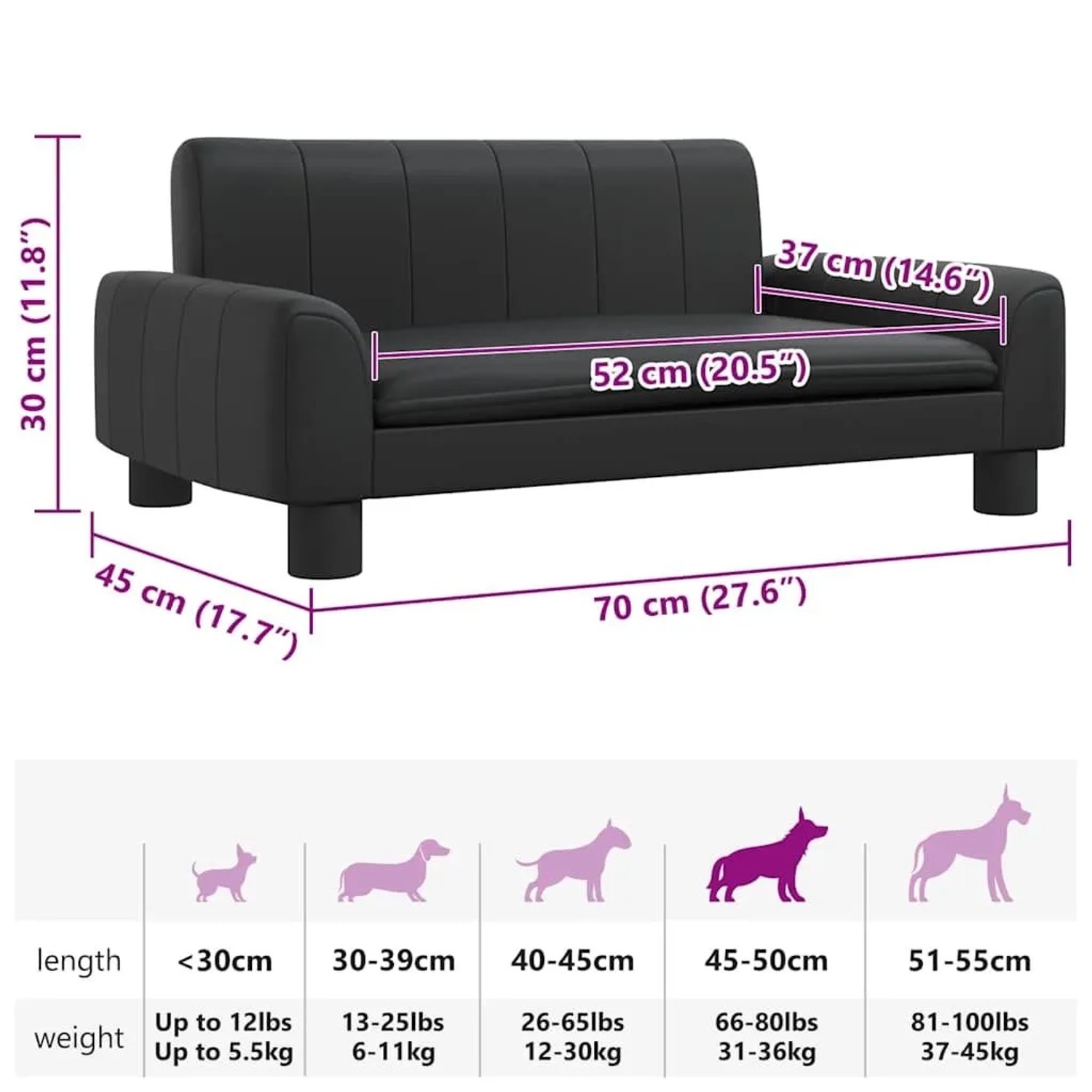 Schwarzes vidaXL Hundebett (70x45x30 cm) aus Kunstleder. Bequemes Hundekörbchen für kleine Hunde.