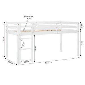 Homestyle4u Kinder Hochbett 90x200 mit Leiter und Maßangaben.